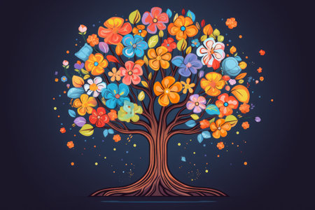 Colorful tree illustration on dark blue background. Flower and nature motifs.の素材