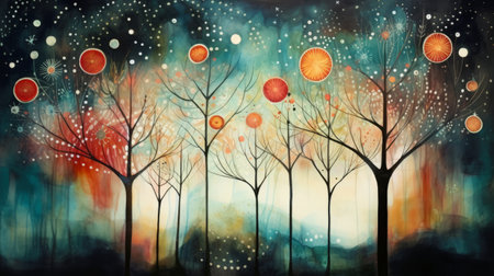 Magic forest. Beautiful trees illuminated warm glow of lights.の素材