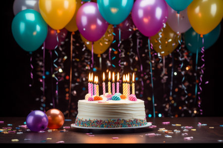 Celebration Birthday Background. Birthday Colorful Cake And Party Balloons.の素材
