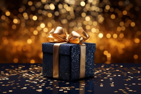 Christmas gift box. Holiday dark blue background with lights and gold particles.の素材