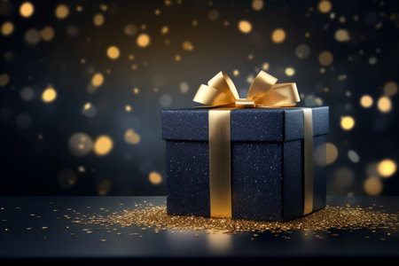 Christmas gift box. Holiday dark blue background with lights and gold particles.の素材