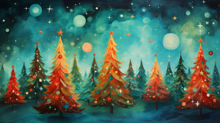 Magic forest. Christmas trees illuminated warm glow of lights.の素材