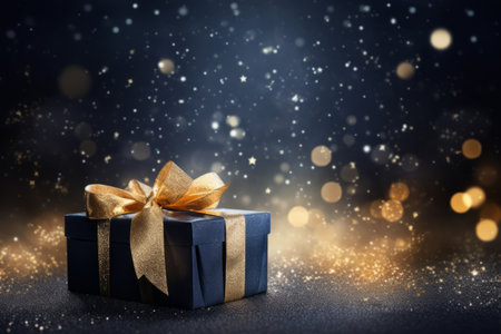 Holiday dark blue background with lights and gold particles.の素材