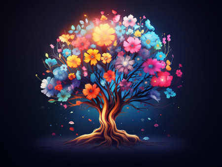 Colorful tree illustration on dark blue background. Flower and nature motifs.の素材