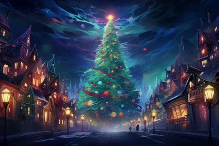 Christmas tree in the centre of city illuminated warm glow of lights.の素材