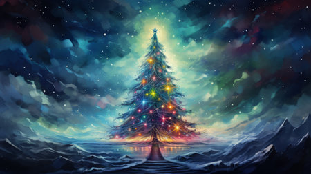 Christmas tree illuminated warm glow of lights. Magic forest.の素材