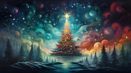 Christmas tree illuminated warm glow of lights. Magic forest.の素材