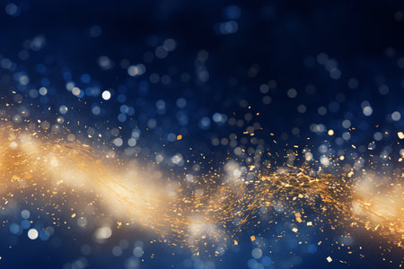 Holiday dark blue background with lights and gold particles.の素材