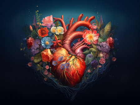 Heart of flowers. Floral design on dark background.の素材