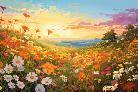 Watercolor painting. Meadow with flowers. Grassy field. Colorful landscape.の素材