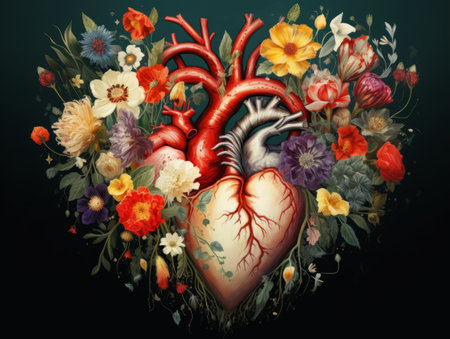 Heart of flowers. Floral design on dark background.の素材