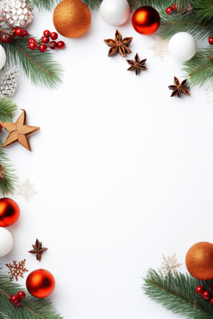 Christmas and New Year colorful balls and stars lying on white flat lay background. Space for text.の素材