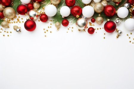 Christmas and New Year colorful balls and stars lying on white flat lay background. Space for text.の素材
