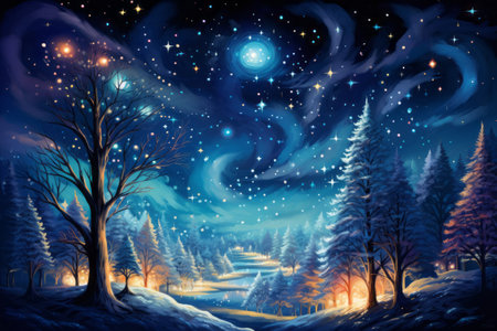 Painting winter night scene with trees, stars and moon. Fantasy landscape. Snowy forest with stars.の素材