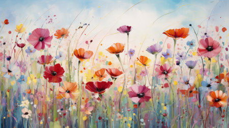 Panoramic view of a colorful abstract flower meadow.の素材