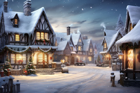 3d illustration Christmas village landscape in a vintage style.の素材