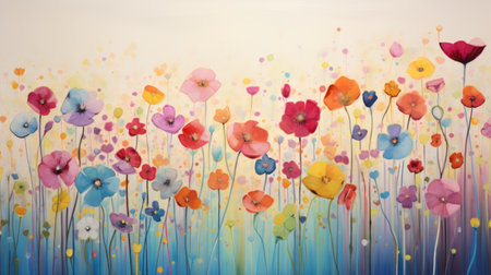 Watercolor panoramic view of a colorful abstract flower meadow.の素材