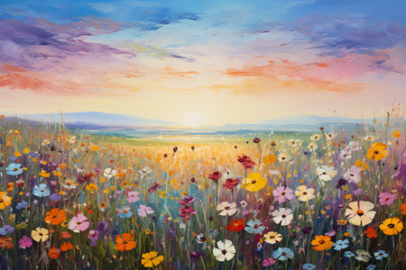 Panoramic view of a colorful abstract flower meadow.の素材