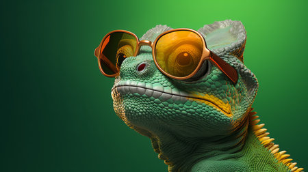 Realistic 3D chameleon sporting trendy sunglasses on dark green background.の素材