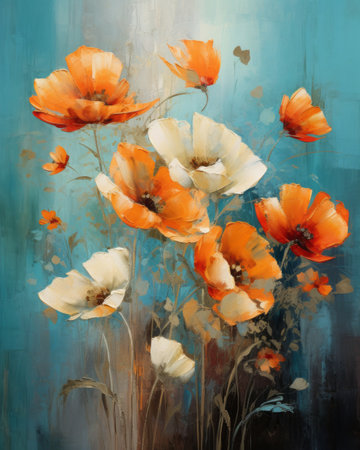 Painting with many different colored flowers.の素材