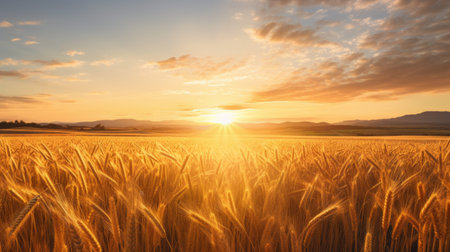 Panoramic view of a wheat field at sunset.の素材