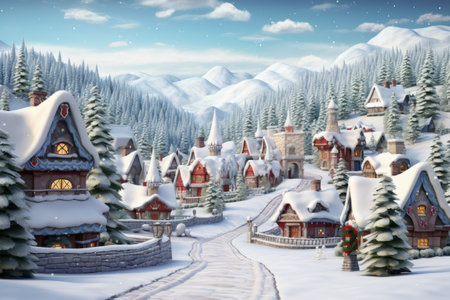 3d illustration Christmas village landscape in a vintage style.の素材