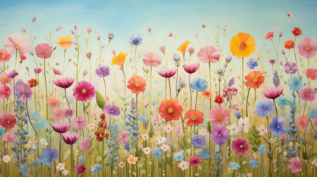 Watercolor panoramic view of a colorful abstract flower meadow.の素材