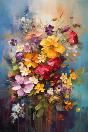 Painting with many different colored flowers.の素材