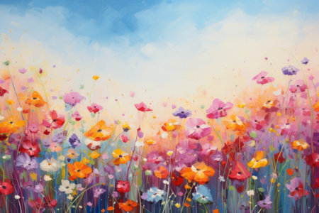 Watercolor panoramic view of a colorful abstract flower meadow.の素材