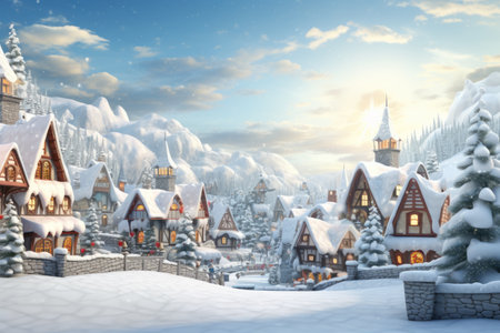 3d illustration Christmas village landscape in a vintage style.の素材