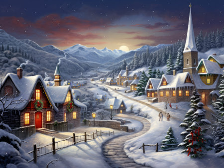 Magical Christmas night scene. Winter village landscape. Christmas holidays background.の素材