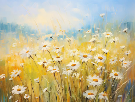 Daisies on summer field. Oil painting illustration.の素材
