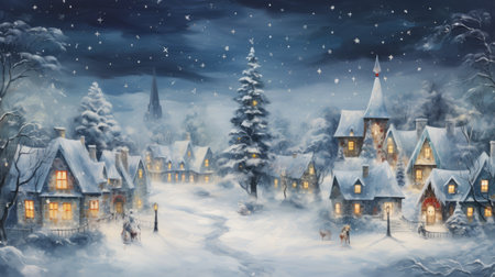 Magical Christmas night scene. Winter village landscape. Christmas holidays background.の素材