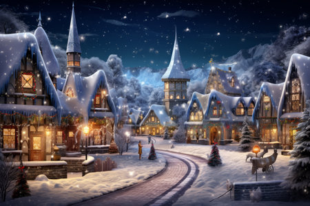Magical Christmas night scene. Winter village landscape. Christmas holidays background.の素材