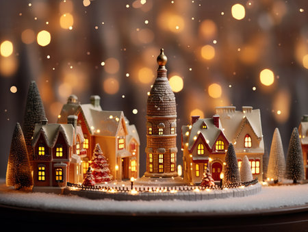 Christmas small town with snowy houses. Illuminated miniature Christmas village.の素材