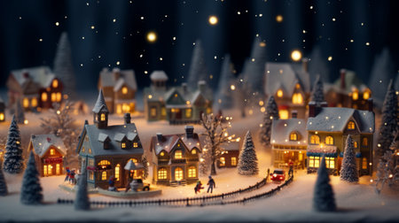 Christmas small town with snowy houses. Illuminated miniature Christmas village.の素材