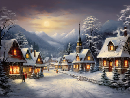 Magical Christmas night scene. Winter village landscape. Christmas holidays background.の素材