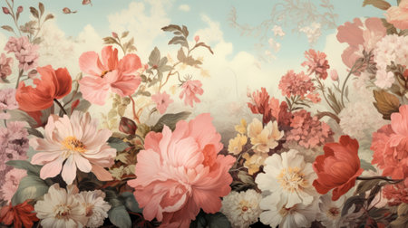 Vintage wallpaper. Flower bunch in a dreamlike composition. Soft pastel colors.の素材