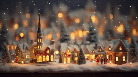 Christmas small town with snowy houses. Illuminated miniature Christmas village.の素材