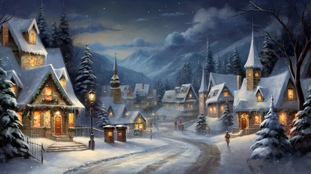 Magical Christmas night scene. Winter village landscape. Christmas holidays background.の素材