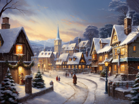Magical Christmas night scene. Winter village landscape. Christmas holidays background.の素材