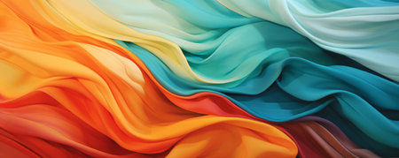 Colorful orange, purple, blue fabric luxury backdrop. 3D render color fabric wallpaper.の素材
