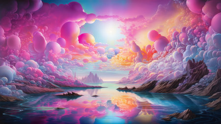 Neon rainbow, clouds photorealistic surrealism wallpaper. Circular shapes, seascapes, light orange and dark magenta, water.の素材