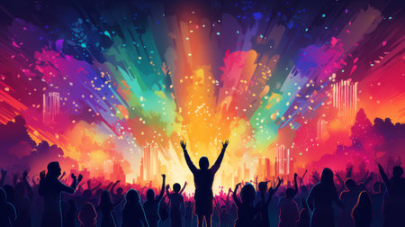 Concert people background. Concert poster. Crowd in a musical performance. Colorful lights, confetti.の素材