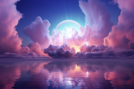 Clouds background. Futuristic digital art. Romantic moon, seascapes, neon light red and purple.の素材