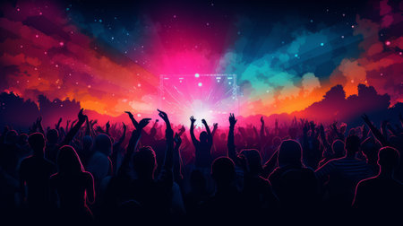 Concert people background. Concert poster. Crowd in a musical performance. Colorful lights, confetti.の素材