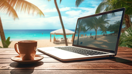 Laptop computer at beach. Laptop and a cup of coffee sea view background. Realistic landscapes, modern design.の素材