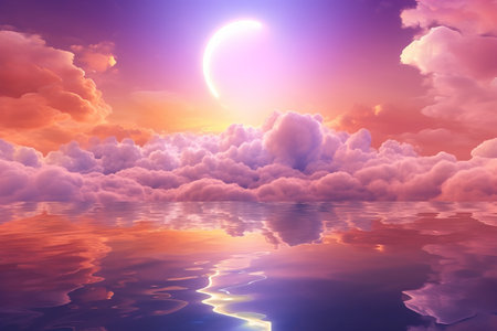 Neon rainbow, clouds photorealistic surrealism wallpaper. Circular shapes, seascapes, light orange and dark magenta, water.の素材