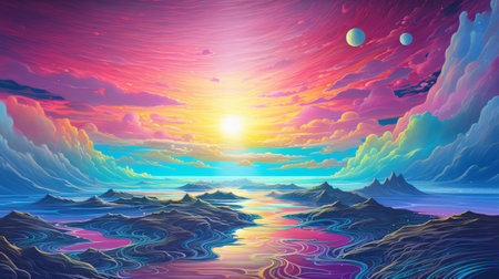 Neon rainbow, clouds photorealistic surrealism wallpaper. Circular shapes, seascapes, light orange and dark magenta, water.の素材