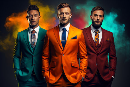 Three business people in colorful suit standing with each other. Joyful and optimistic.の素材